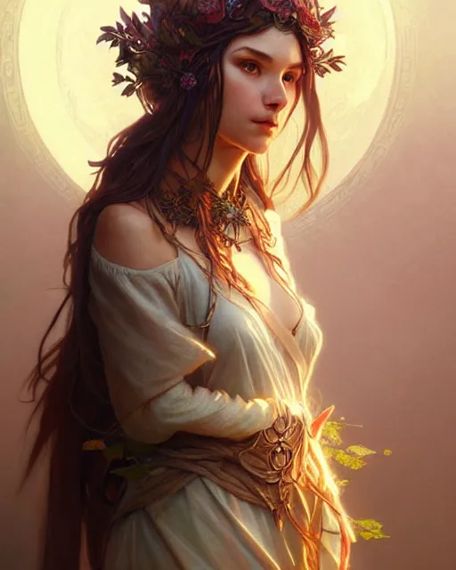 Image similar to beautiful female druid, portrait, fantasy, young, detailed, sketch, intricate, leaves and simple cloth, dynamic lighting, digital art, digital painting, artstation, wlop, sharp focus, illustration, art by artgerm and greg rutkowski and alphonse mucha, 8 k