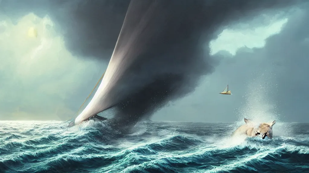 Prompt: a gigantic cat bursting out of a stormy sea attacking a small sail boat, wet fur, giant waves, sunbeams in background, intricate, detailed, volumetric lighting, sharp focus, scenery, photorealism, digital painting, highly detailed, concept art, by roger dean and simon stalenhag and mark brooks