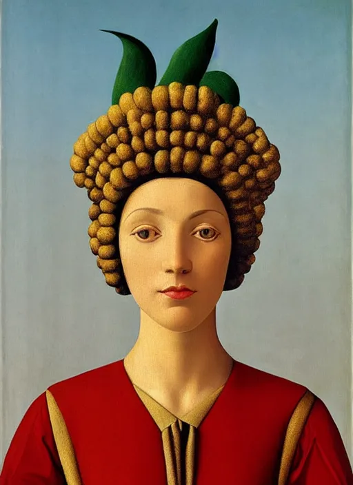 Image similar to portrait of young woman in renaissance dress and renaissance headdress, art by rene magritte