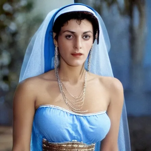 Prompt: young Monica Belluci as an Arab woman, tanned skintone, bright blue eyes, white veil, light blue top portrait