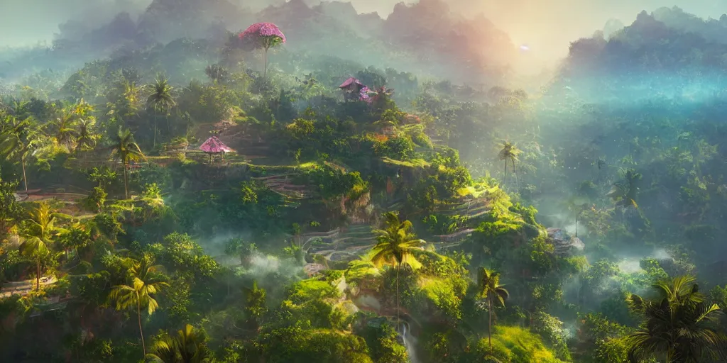 Image similar to Lively morning landscape of bali, realistic detailed digital art by Maxwell Boas Jessica Rossier Christian Dimitrov Anton Fadeev trending on Artstation CGSociety rendered in Unreal Engine 4k HQ