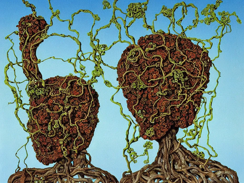 Prompt: painting of a rusty robot overgrown with vines and mushrooms growing out of its head, by Salvador Dali, by Rene Magritte, high quality, simplicity, exquisite