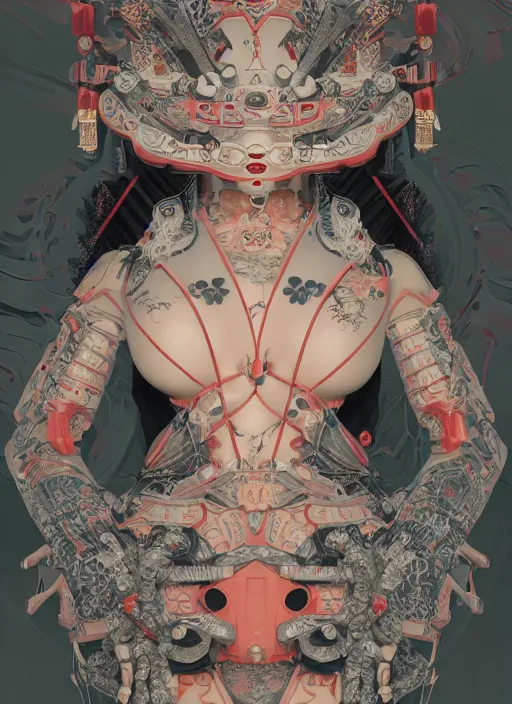 Image similar to portrait of a seductive cyberpunk geisha yakuza, imari, modern fine art, fractal, in the style of ex - machina, intricate ornaments, elegant, highly detailed, digital photography, subsurface scattering, by mc escher and greg rutkowski,