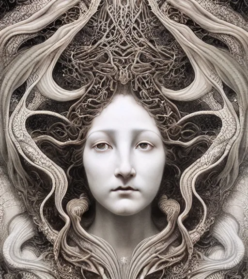 Image similar to detailed realistic porcelain beautiful moon goddess face portrait by jean delville, gustave dore, iris van herpen and marco mazzoni, art forms of nature by ernst haeckel, art nouveau, symbolist, visionary, gothic, neo - gothic, pre - raphaelite, fractal lace, intricate alien botanicals, ai biodiversity, surreality, hyperdetailed ultrasharp octane render