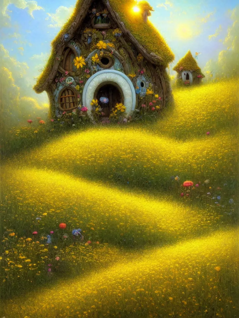 Prompt: a whimsical fairy house in a field of white and yellow of flowers Justin Gerard, morning light
