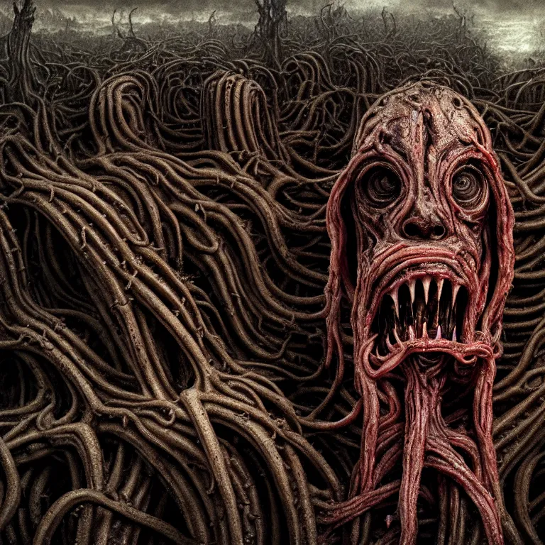 Image similar to ribbed alien face portrait, covered with tentacles, spines, roots and organic rotten flesh meat, baroque painting, standing in a desolate empty wasteland, creepy, nightmare, dream-like heavy atmosphere, surreal abandoned buildings, beautiful detailed intricate insanely detailed octane render trending on Artstation, 8K artistic photography, photorealistic, chiaroscuro, Raphael, Caravaggio, Beksinski, Giger