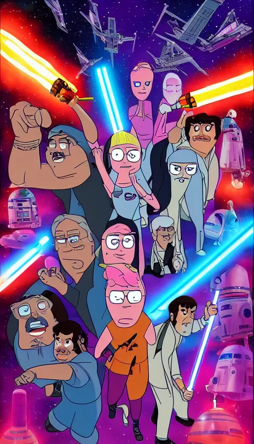 Image similar to movie poster bobs burger cast in star wars, highly detailed, hyper realistic, large text, bright colours