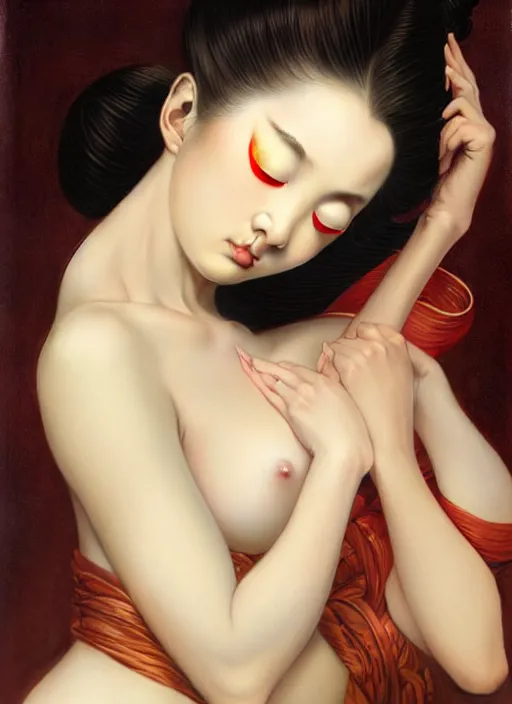 Image similar to organic seductive Geisha, pearlescent skin, diffuse lighting, fantasy, intricate, elegant pose, highly detailed, lifelike, photorealistic, digital painting, artstation, illustration, concept art, different point of view, smooth, sharp focus, art by John Collier and Albert Aublet and Leonardo da vinci and Moebius and Krenz Cushart