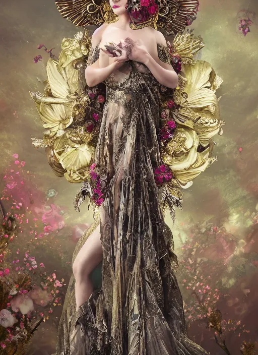 Prompt: expressive full body photo of an angel, ornate headpiece made from flowers, ornaments, glamour shot, by karol bak, photorealistic, canon r 3, fashion photography, hyper maximalist, elegant, ornate, luxury, elite, environmental portrait, symmetrical features, octane render, unreal engine, solid dark grey background, dramatic lights
