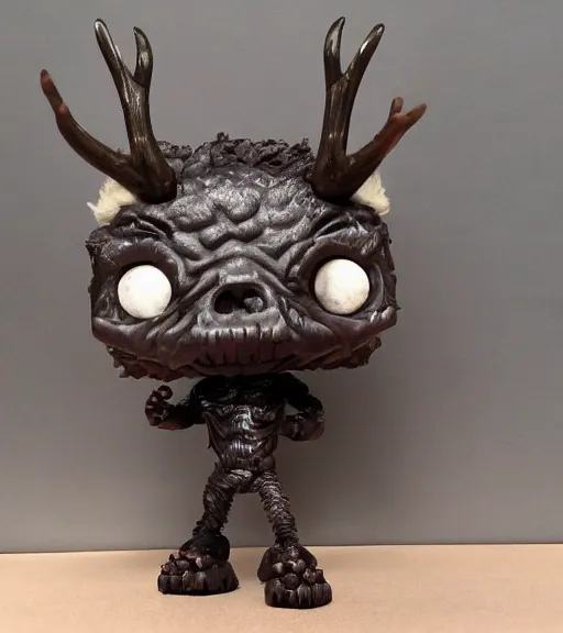 Prompt: limited edition horror themed furry wendigo monster with antlers funko pop still sealed in box, ebay listing