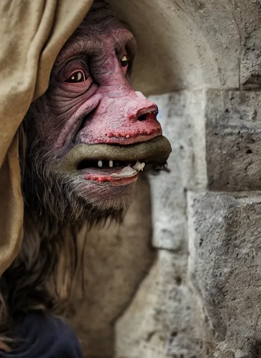 Image similar to closeup profile face portrait of a medieval goblin eating cakes in the cloisters, depth of field, zeiss lens, detailed, symmetrical, centered, fashion photoshoot, by annie leibovitz and steve mccurry, david lazar, jimmy nelsson, breathtaking, 8 k resolution, extremely detailed, beautiful, establishing shot, artistic, hyperrealistic, beautiful face, octane render