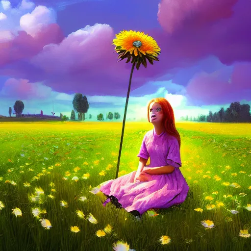 Image similar to giant daisy flower head, girl sitting in a flower field, surreal photography, sunrise, dramatic light, impressionist painting, colorful clouds, digital painting, artstation, simon stalenhag