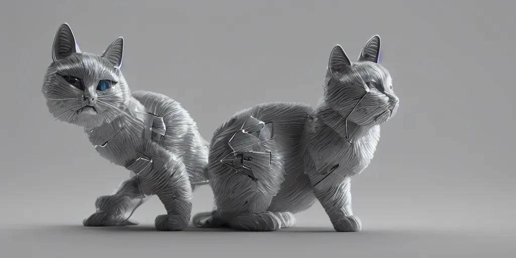 Prompt: a modern cybernetic cute cat made from porcelain and steel, insane reflexions, pastel colored, daylight, peaceful, 8 k, ambient occlusion, octane render