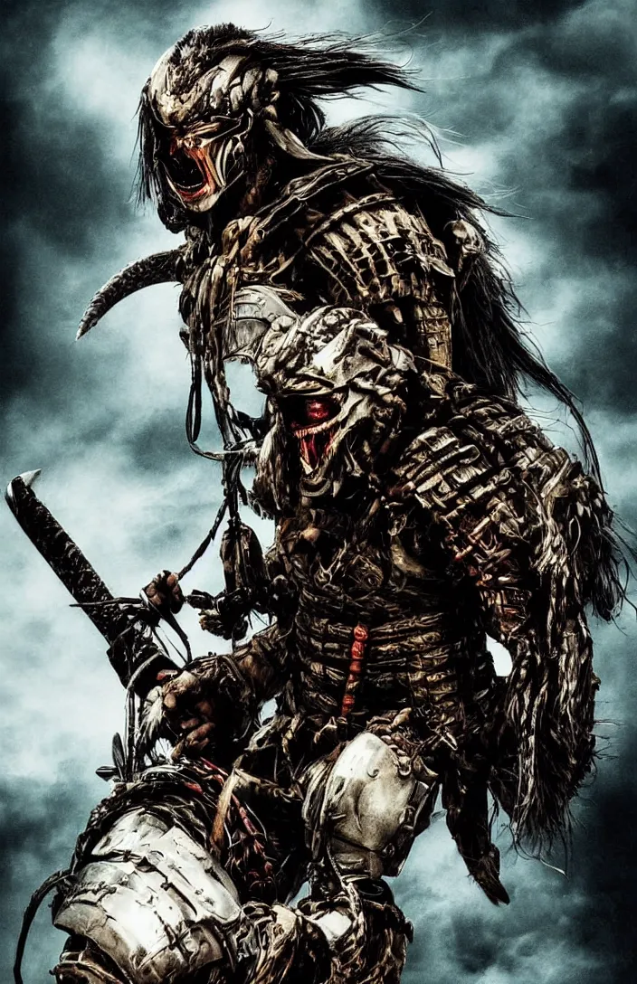 Prompt: movie ( predator vs samurai ) film poster art for hiroyuki sanada as samurai verses predator. in the style of ansel adams, frank frazzetta, realistic, detailed, octane