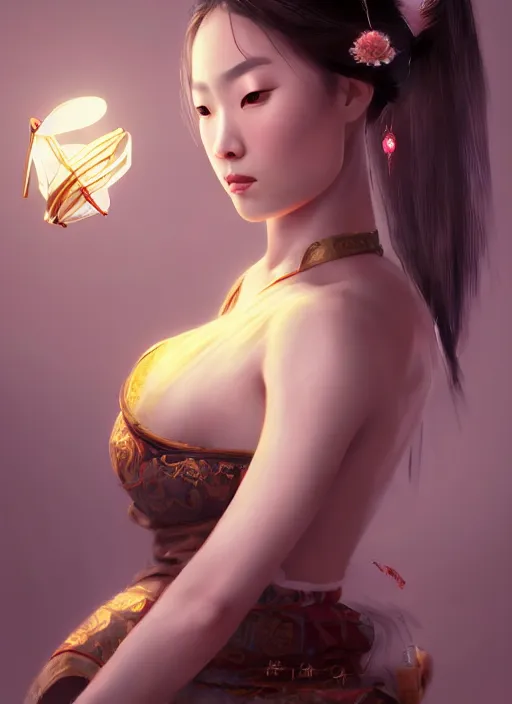 Image similar to beautiful fashion girl in ancient china, strapless dress, character portrait in the style of thomas river and artgerm, wlop, cinematic lighting, hyperdetailed, 8 k realistic, symmetrical, global illumination, radiant light, halo, love and mercy, frostbite 3 engine, cryengine, dof, trending on artstation, digital art, chanel