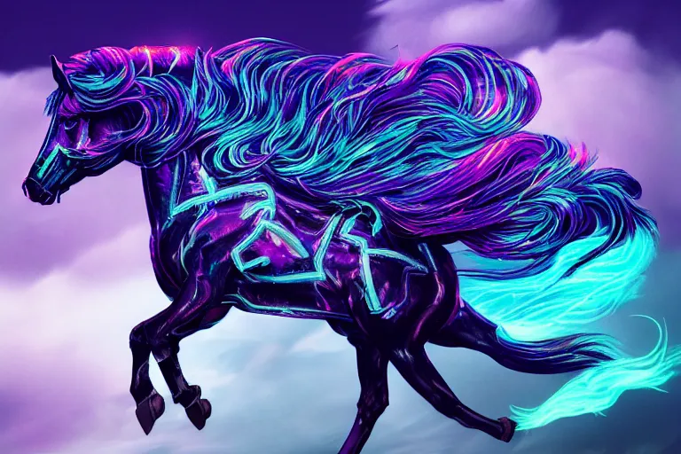 Image similar to a stunning horse with bioluminescent mane and tail jumping in the clouds by sandra chevrier and greg rutkowski, purple blue color scheme, celtic neon runes, vaporware, retro, outrun, high key lighting, volumetric light, digital art, highly detailed, fine detail, intricate, ornate, complex, octane render, unreal engine, photorealistic