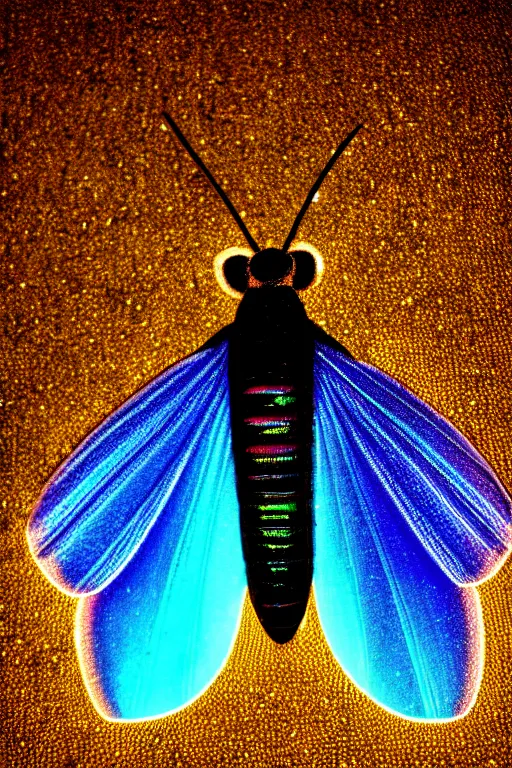 Prompt: high quality close-up photo gothic iridescent moth! jewelled gorgeous! highly detailed david ligare elson peter cinematic yellow neon lighting high quality low angle hd 8k sharp shallow depth of field