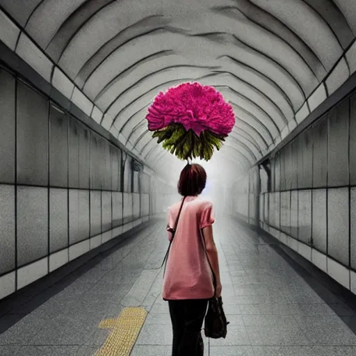 Image similar to giant carnation flower head, woman walking in a metro station, surreal photography, dramatic light, impressionist painting, digital painting, artstation, simon stalenhag