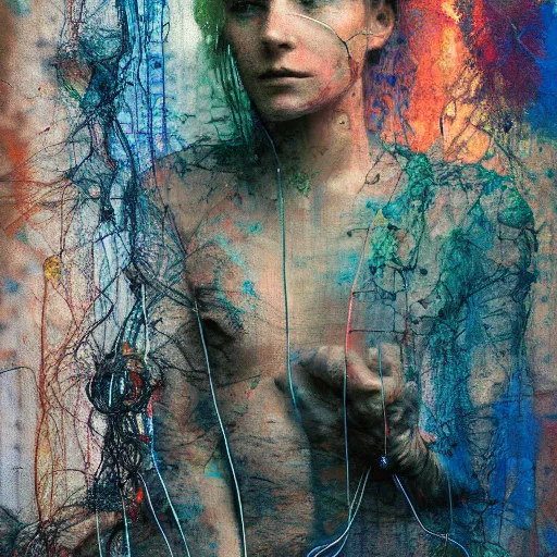 Prompt: portrait of a woman of wires and cables, glitched, digital display, marta syrko, julia margaret cameron, painterly, dripping and splashing coloured paint. scumbling, de kooning, craig mullins