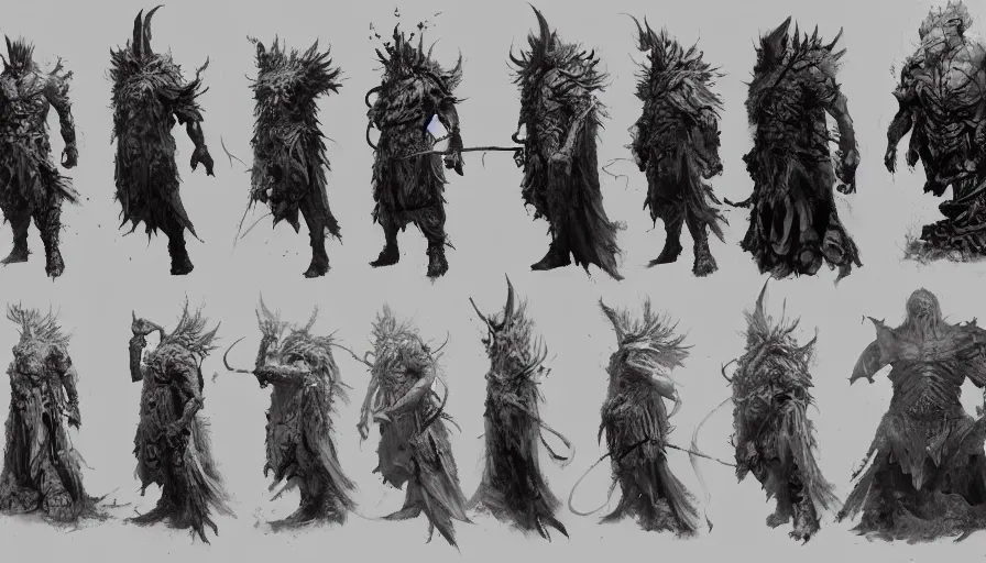 Image similar to feral chieftain charector concept sheet, beksinski, ruan jia, the hobbit orc concept, dark soul concept