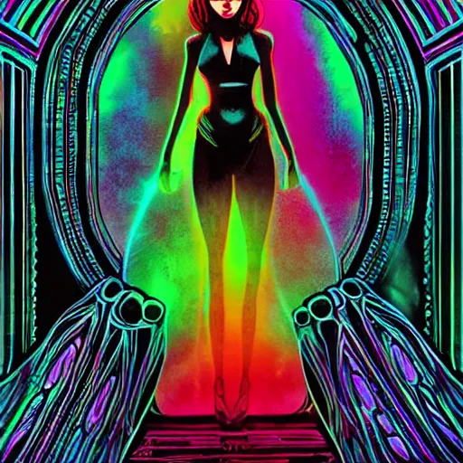 Prompt: long Shot of psychedelic Black widow standing in mysterious chromatic astral temple , stylish, lsd, soft, cinematic, artwork by Wong, Liam