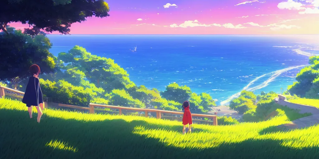 Image similar to beautiful anime painting of a coastal town, clear blue skies, beach, rolling green hills, daytime, by makoto shinkai, kimi no na wa, artstation, atmospheric.