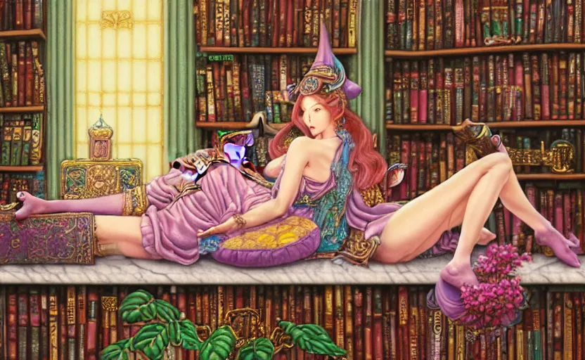 Image similar to a detailed fantasy pastel portrait of a woman wizard in ornate clothing lounging on a purpur pillow on the marble floor in front of her bookcase in a room, reading an ancient tome. to the side is a potted plant. ancient retrofuturistic setting. 4 k key art. raytracing, by chie yoshii and yoshitaka amano.