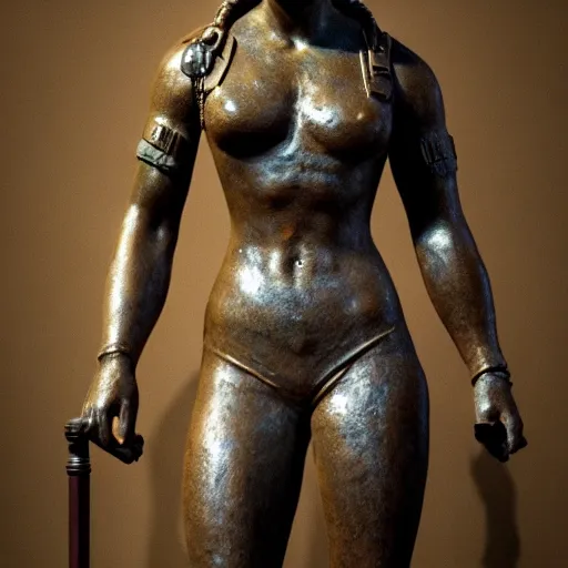 Image similar to detailed photo of an old bronze patina statue of a lara croft full body portrait, intricate detail, museum diffuse lighting