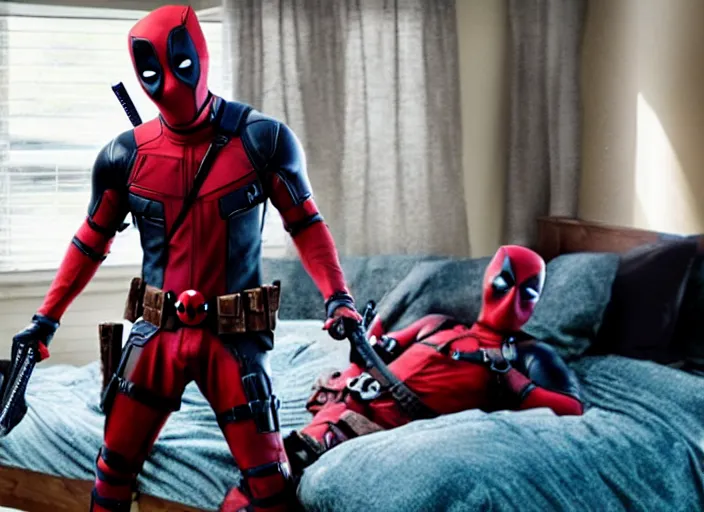 Image similar to film still of Deadpool working as a twitch streamer in his gamer bedroom in the new Deadpool movie, 4k
