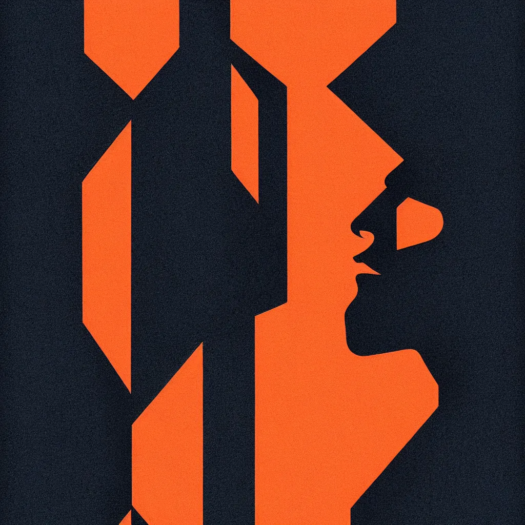 Image similar to beautiful symmetrical face by, mads berg, karolis strautniekas, film noir, stippled light, dramatic lighting, editorial illustration, detailed, fine texture, matte print, art deco, brutalism, dark blue + dark orange, red, black, ( ( habitat 6 7 background ) )