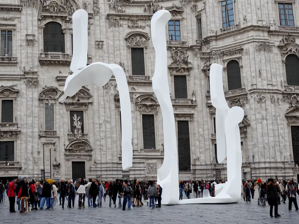 Prompt: huge white plastic sculpture by eduardo chillida on milan duomo square