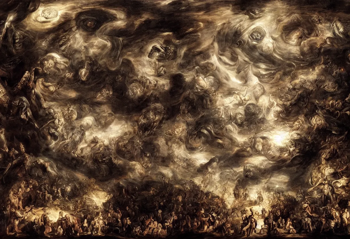 Prompt: under the eye of evil and monstruos alien god in the walley of shadows, apocalyptic, rubens and rembrandt