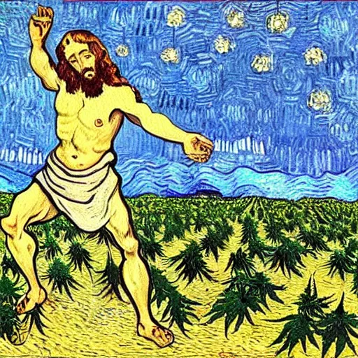 Prompt: jesus with devil spreads his hands against the background of growing cannabis. an oil painting in the style of van gogh