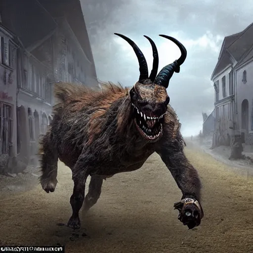 Image similar to horror, a monstrous mutant goat creature is galloping across a muddy medieval village square in daylight, filthy matted fur, human eyes, disturbing, mutated, crocodile - like teeth