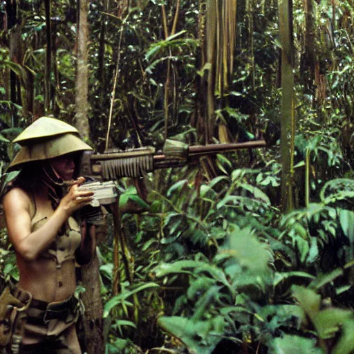 Prompt: film still, extreme far view of jenifer lopez in the jungle as a vietnam door gunner, apocalypse now, associated press,, 2 6 mm, kodak ektachrome, blue tint expired film