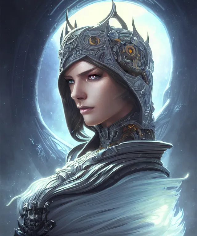 Prompt: futuristic lich king portrait, sci-fi, amber eyes, face, long hair, fantasy, intricate, elegant, highly detailed, digital painting, artstation, concept art, smooth, sharp focus, illustration, art by artgerm and greg rutkowski and alphonse mucha