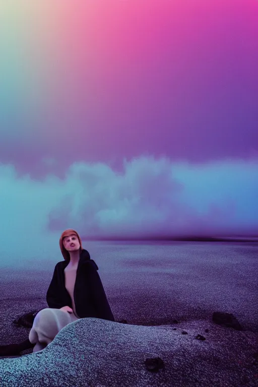 Image similar to high quality pastel coloured film photograph of a model wearing clothing resting on cloud furniture in a icelandic black rock environment in a partially haze filled dreamstate world. three point light, rainbow. photographic production. art directed. pastel colours. volumetric clouds. pastel gradient overlay. waves glitch artefacts. 8 k. filmic.