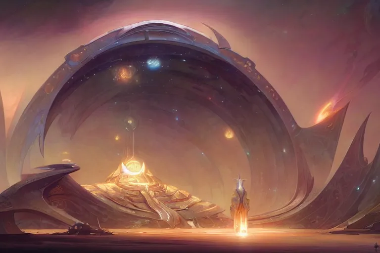 Prompt: hyperbolic sacred holy intergalactic starship concept design by peter mohrbacher and craig mullins and hiroshi yoshida and james jean and frank frazetta and michael whelan and andreas rocha