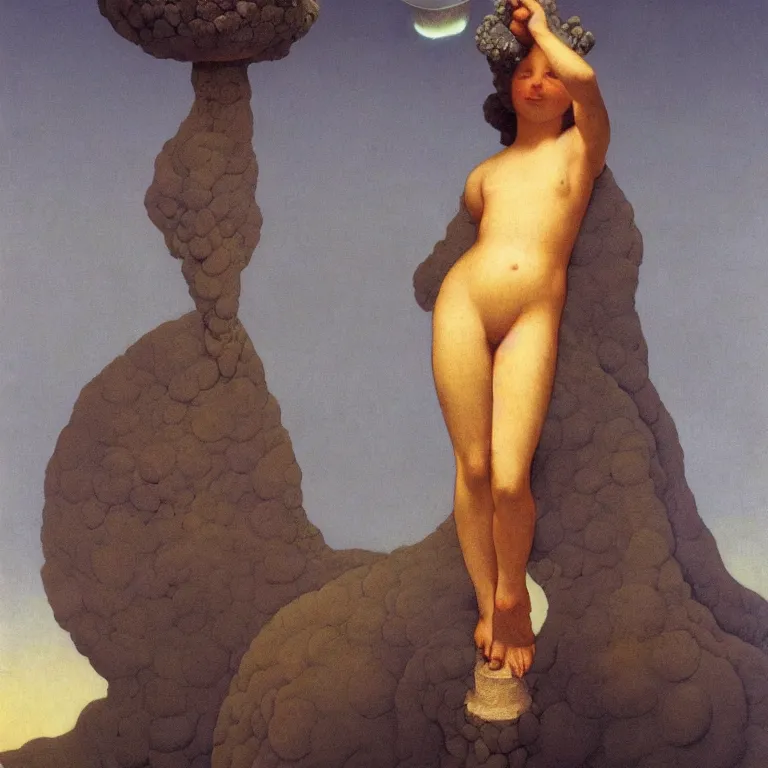 Prompt: A Monumental Public Sculpture of a 'Baby Head made of Sea Anemone Facing upward' on a pedestal by the lake, surreal oil painting by Maxfield Parrish and Max Ernst shocking detail hyperrealistic!! Cinematic lighting