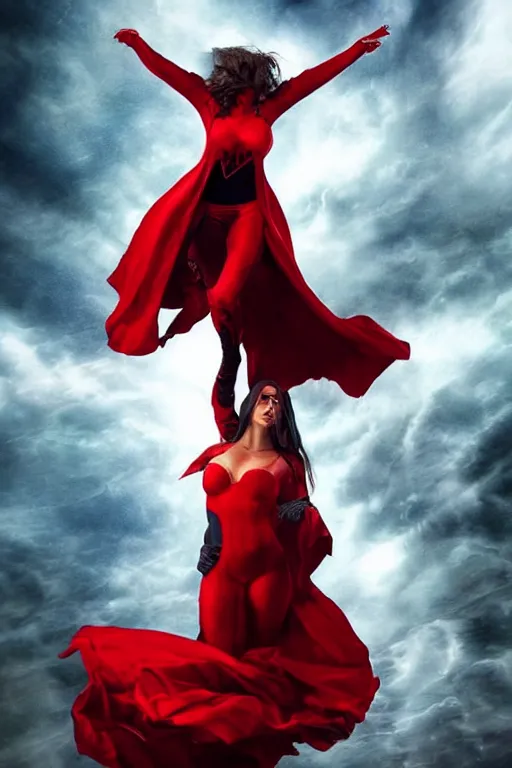 Image similar to marvel superhero, beautiful woman, floating in the air, red tight costume and red long hair, black cloak, electricity, hyper real photo, detailed portrait, dark background texture, 8 k, concept art, illustration by john byrne and terry austin. cinematic dramatic atmosphere, sharp focus, volumetric lighting, cinematic lighting, studio quality