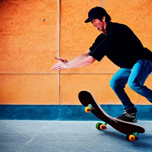Image similar to professional photo of a skateboarder performing a grab trick, focused on brightly colored deck, 8 k, bright ambient lighting key light, 8 5 mm f 1. 8