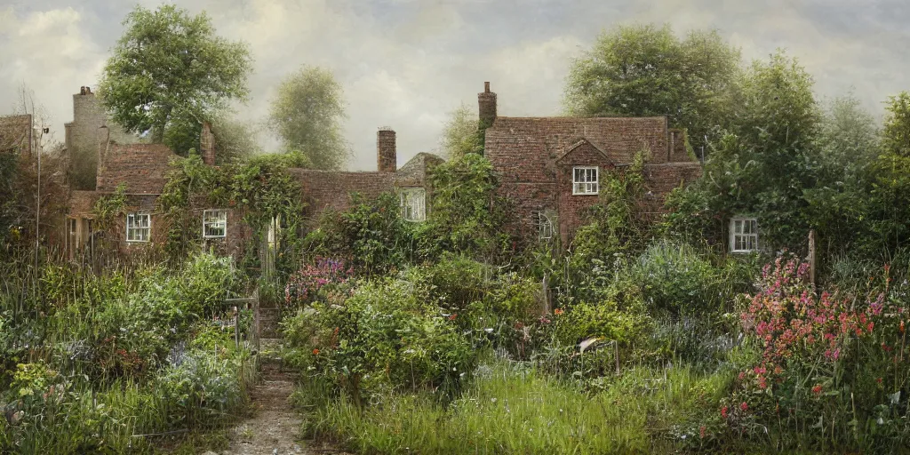 Prompt: A detailed painting of an abandoned building house garden. Shrubs. Graffiti. Set in an English countryside landscape. by Lee madgwick