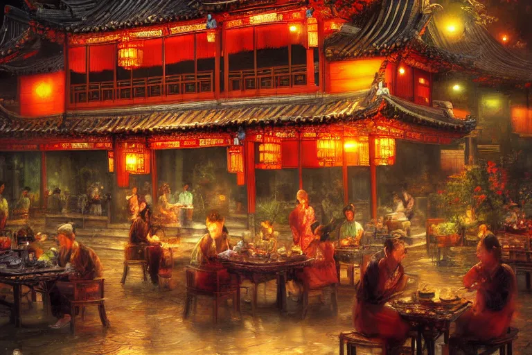 Prompt: fantasy art of a bustling tea house in china, at night, by ralph horsley, highly detailed digital art, trending on artstation