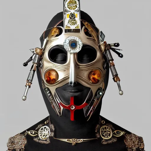 Image similar to a beautiful cyborg made of catholic and pagan symbols ceremonial maske