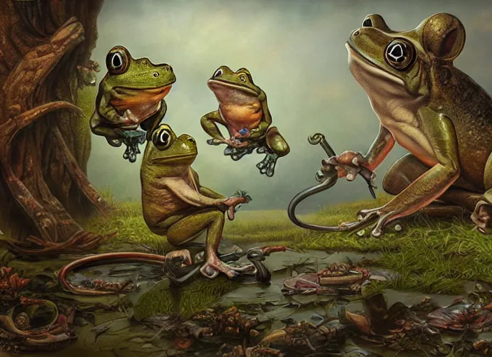 Prompt: frogs and mice, lowbrow, matte painting, 3 - d highly detailed, style of greg simkins r,