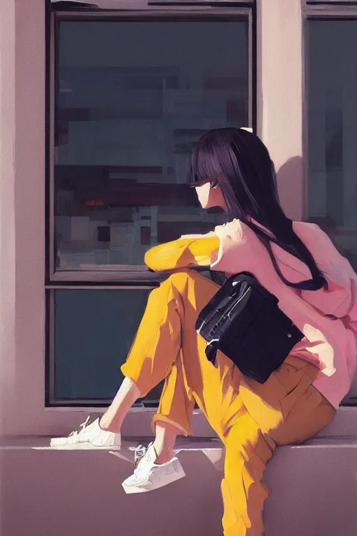 Image similar to A ultradetailed beautiful panting of a stylish woman sitting next to a window, she is wearing streetwear, bright sunny day, Oil painting, by Ilya Kuvshinov, Greg Rutkowski and Makoto Shinkai