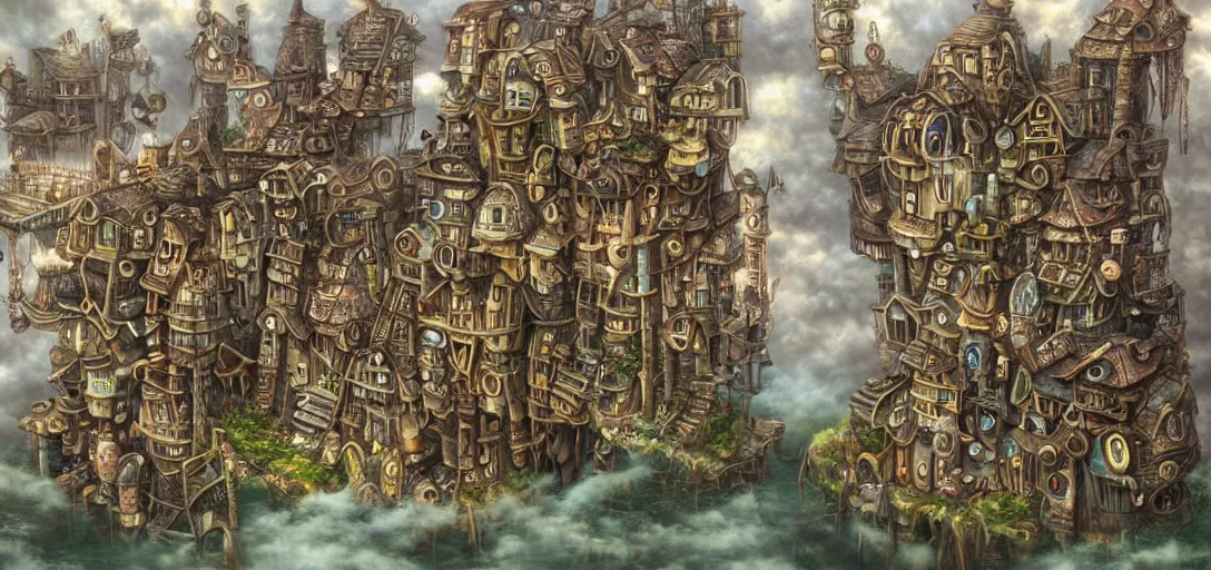 Prompt: a steampunk village built on stilts in the clouds, by Naoto Hattori,