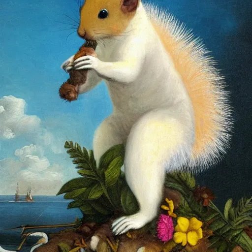 Image similar to a giant fluffy squirrel carrying napoleon bonaparte on its back, beach scene, flowers and foliage, detailed oil painting