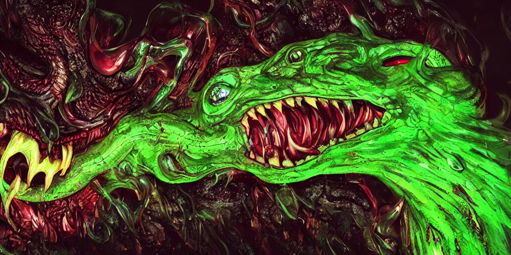 Image similar to a large slimy creepy monster a with very long slimy tongue, dripping saliva, macro photo, fangs, red glowing skin, green skin with scales, cinematic colors, tiny glowbugs everywhere, standing in shallow water, insanely detailed, dramatic lighting