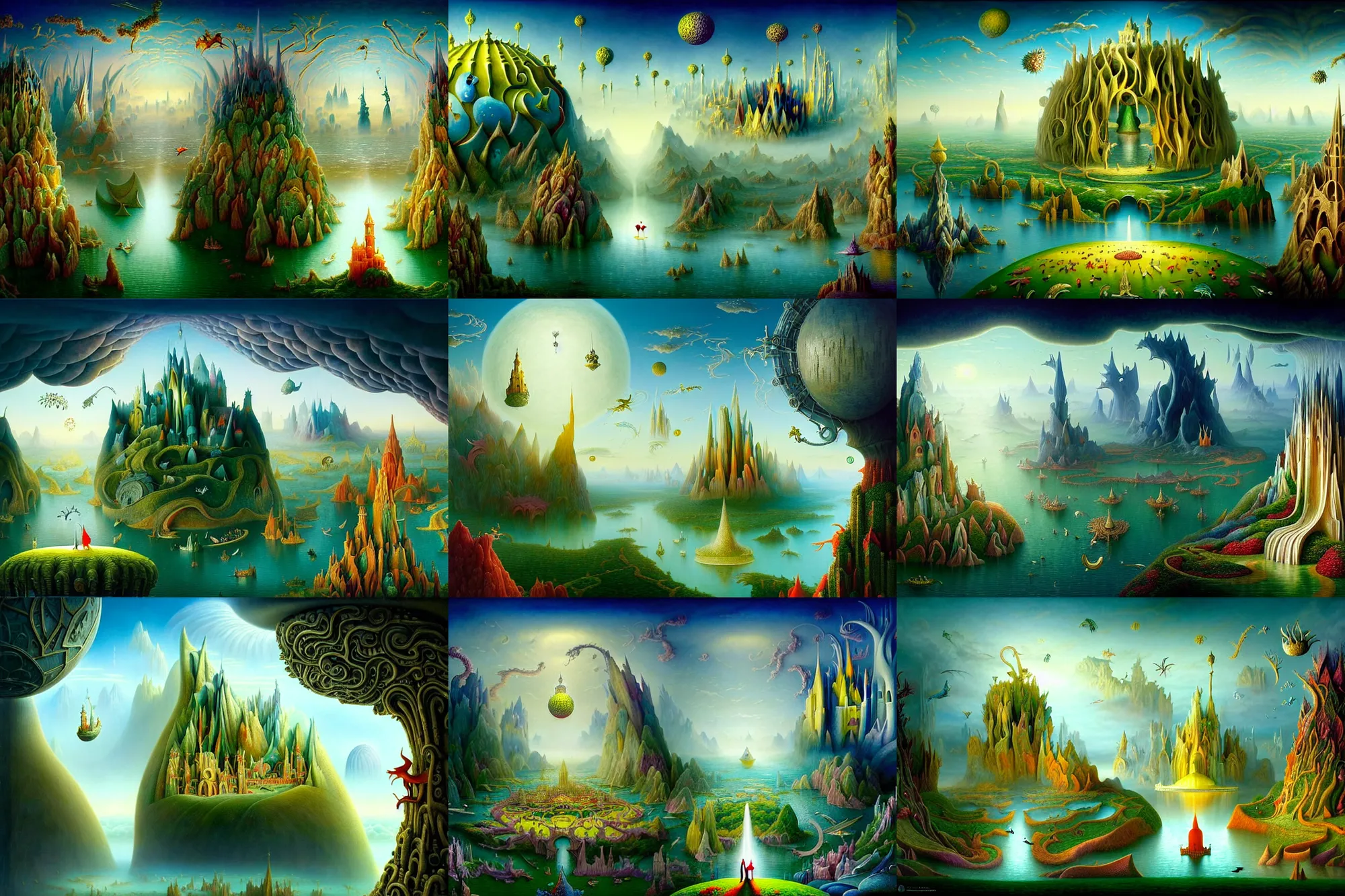Prompt: a beguiling epic stunning beautiful and insanely detailed matte painting of windows into dream worlds with surreal architecture designed by Heironymous Bosch, dream world populated with mythical whimsical creatures, mega structures inspired by Heironymous Bosch's Garden of Earthly Delights, vast surreal landscape and horizon by Cyril Rolando and Andrew Ferez and Thomas Kinkade, masterpiece!!!, grand!, imaginative!!!, whimsical!!, epic scale, intricate details, sense of awe, elite, wonder, insanely complex, masterful composition!!!, sharp focus, fantasy realism, dramatic lighting